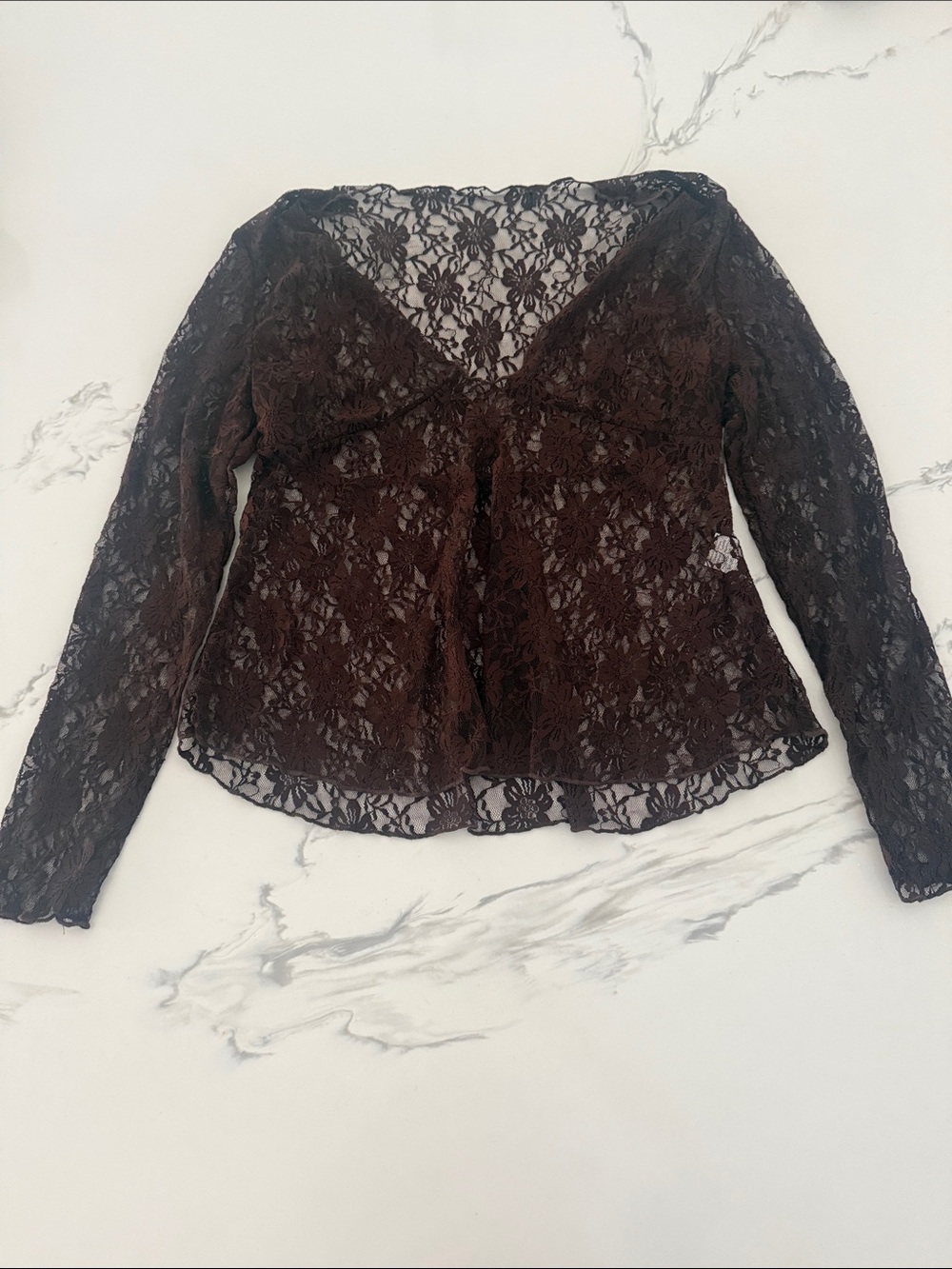SHEIN Brown Floral Lace V-Neck Long Sleeve Top